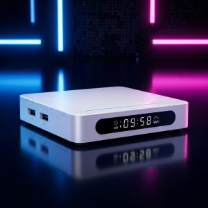 White SHARPIN Gaming Box Light centered in a neon arcade scene